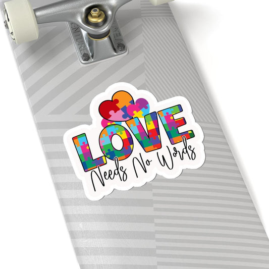 ColorFlow | Love Needs No Words Vinyl Sticker | Puzzle Heart Autism Acceptance Message Design