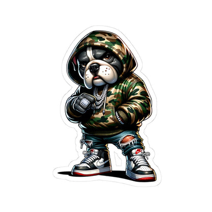 Bulldog Hoodie Sticker | Camo Urban Dog Art, Waterproof Vinyl (Glossy Finish)