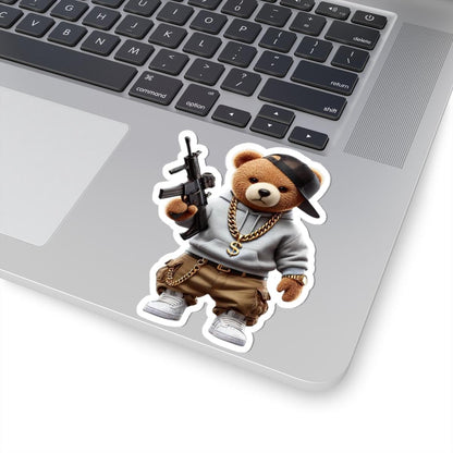 ColorFlow | Gangsta Teddy Bear Kiss Cut Sticker | Urban Hood Bear with Bling & Hoodie | Funny Hip Hop Sticker Art
