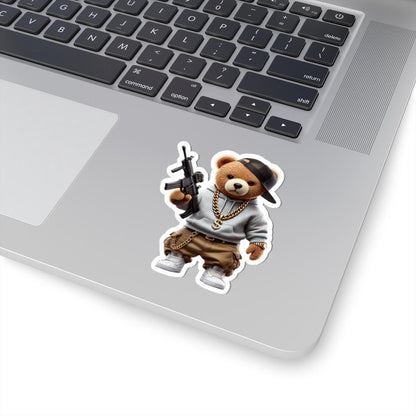 ColorFlow | Gangsta Teddy Bear Kiss Cut Sticker | Urban Hood Bear with Bling & Hoodie | Funny Hip Hop Sticker Art