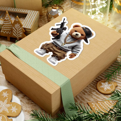 ColorFlow | Gangsta Teddy Bear Kiss Cut Sticker | Urban Hood Bear with Bling & Hoodie | Funny Hip Hop Sticker Art
