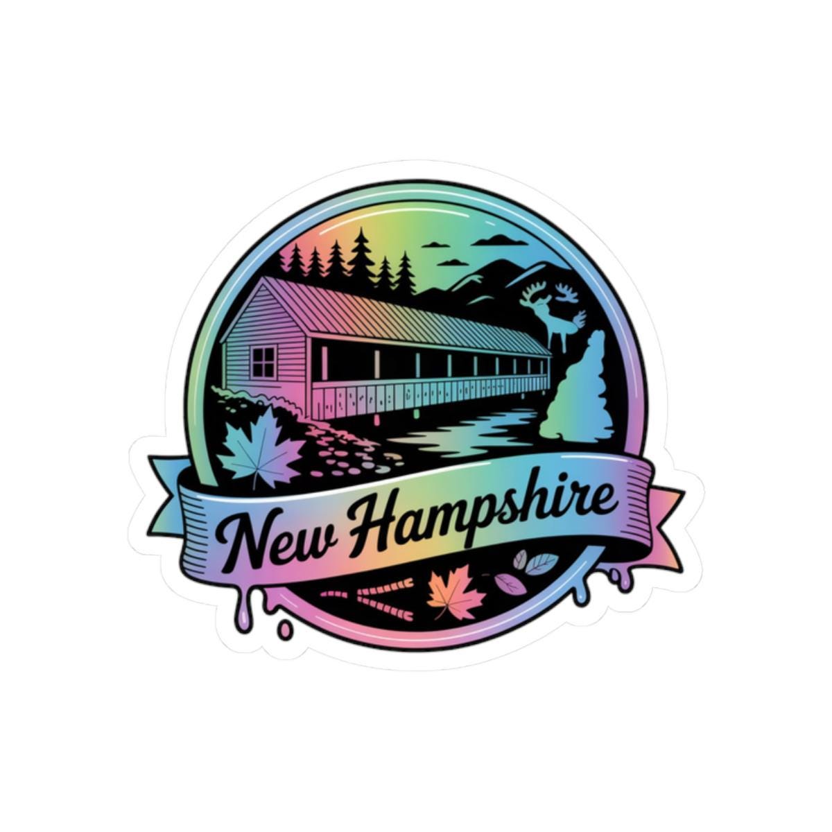 ColorFlow | New Hampshire Covered Bridge Mountain Vinyl Sticker | Autumn Scenic Travel Art Decal