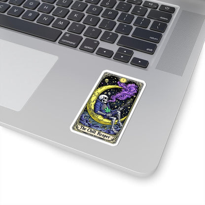 ColorFlow | The Chill Reaper Tarot Style Vinyl Sticker | Cosmic Skeleton Moon Art with Psychedelic Smoke Design