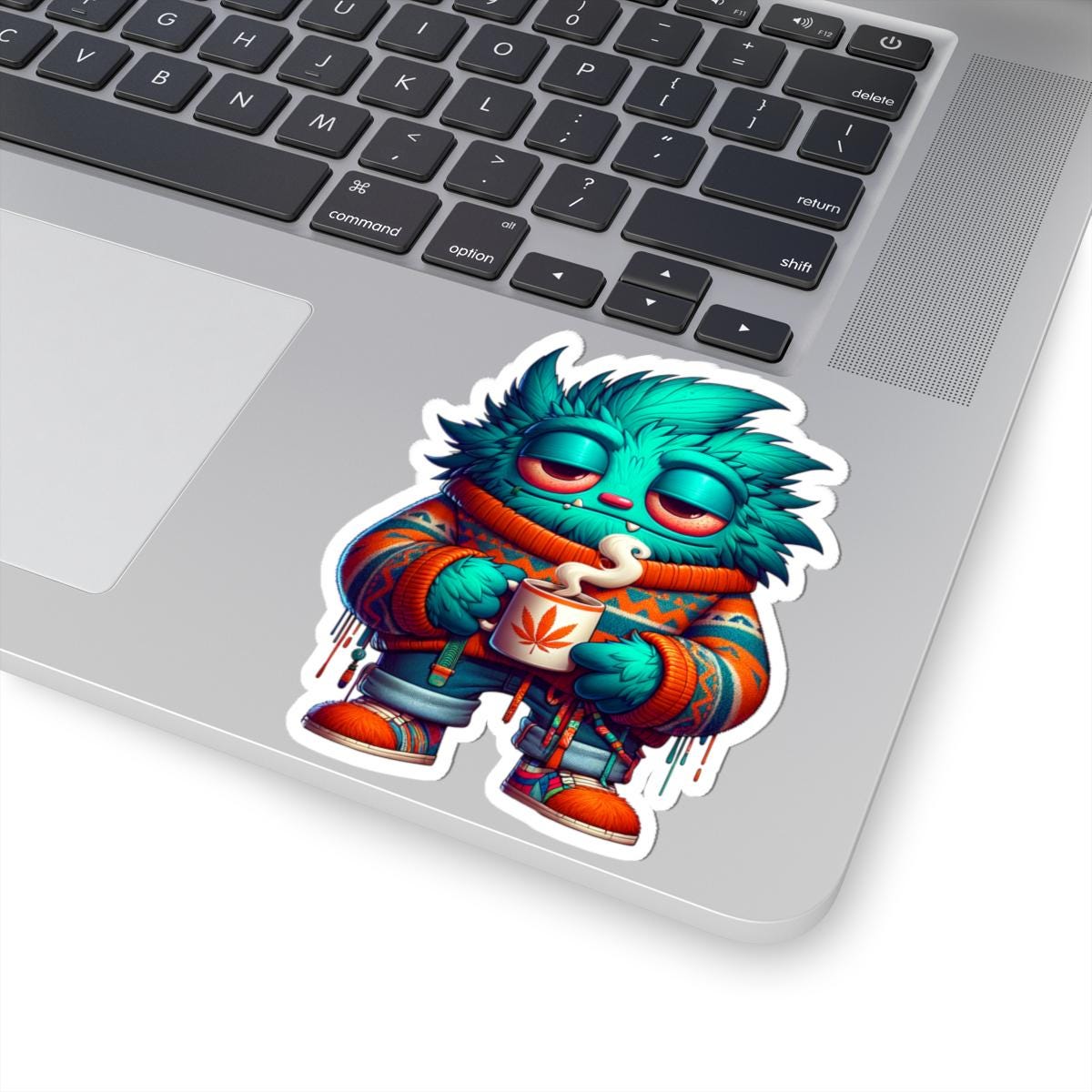 ColorFlow | Cozy Coffee Blue Monster Kiss Cut Sticker Sweater Weather Character Art for Laptops Water Bottles Journals and More