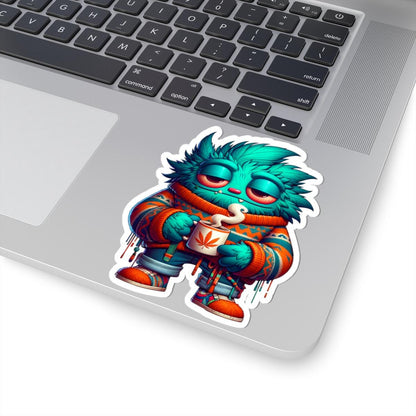 ColorFlow | Cozy Coffee Blue Monster Kiss Cut Sticker Sweater Weather Character Art for Laptops Water Bottles Journals and More
