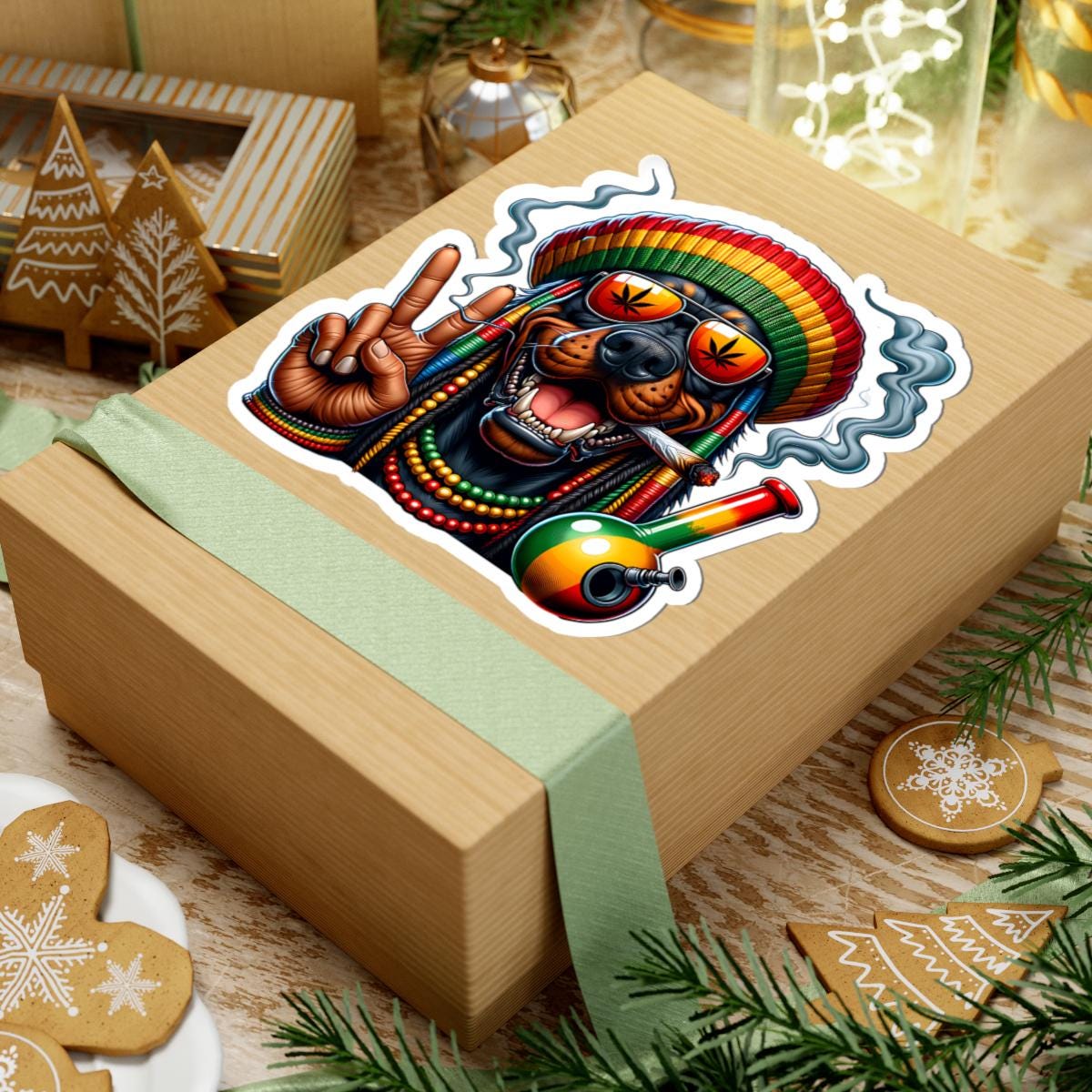 ColorFlow | Rasta Rottweiler Peace Bong Glossy Vinyl Sticker | Kiss Cut or Die Cut | Waterproof Weed Dog Cannabis Reggae