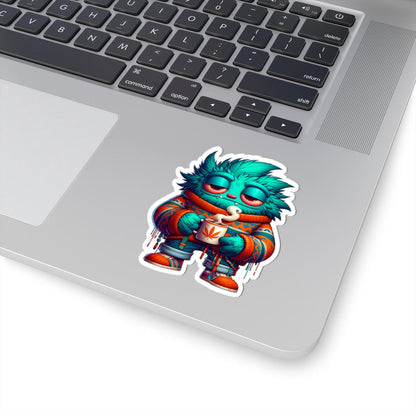 ColorFlow | Cozy Coffee Blue Monster Kiss Cut Sticker Sweater Weather Character Art for Laptops Water Bottles Journals and More