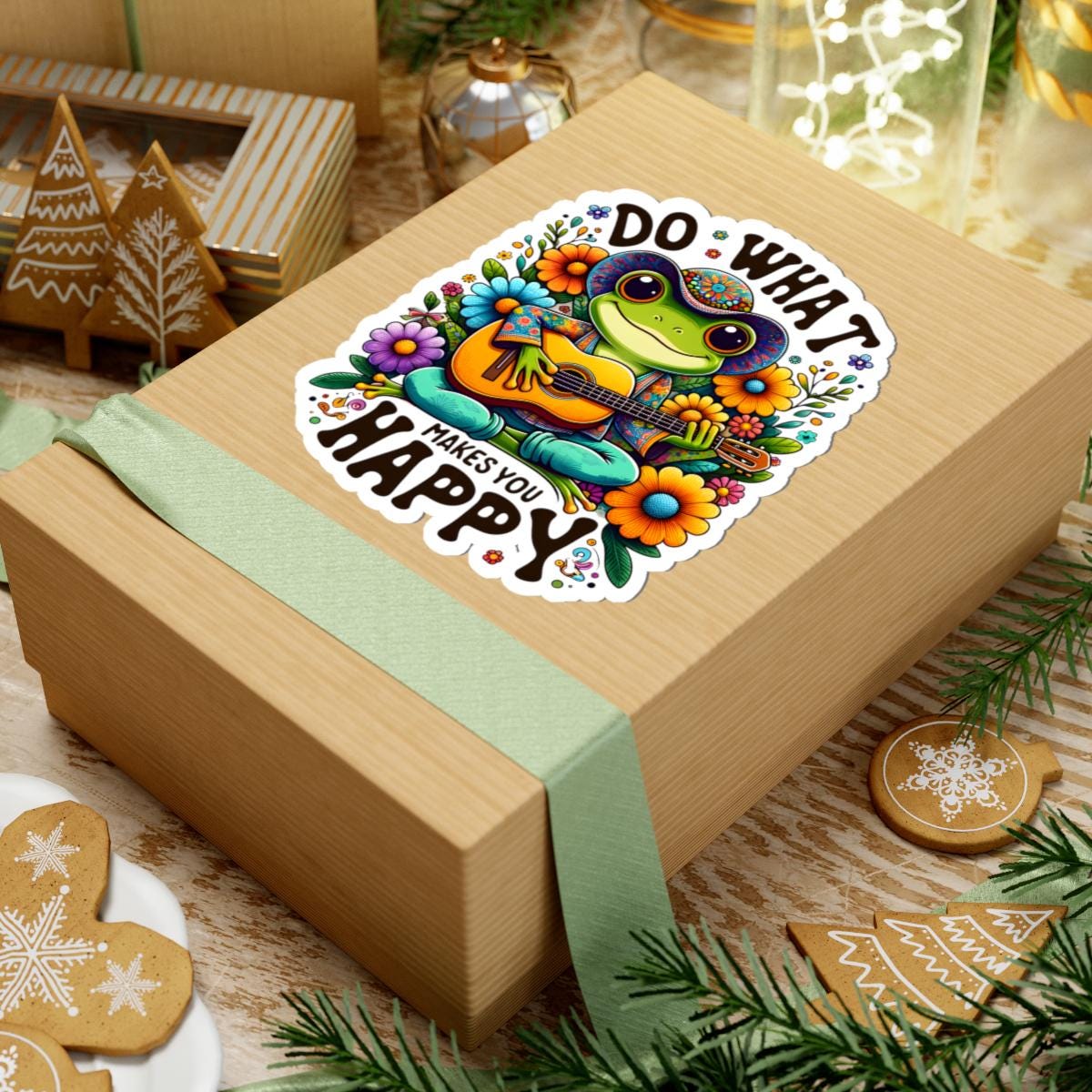 ColorFlow | Do What Makes You Happy Frog Sticker | Hippie Frog Playing Guitar Decal | Colorful Boho Vinyl Sticker for Laptops