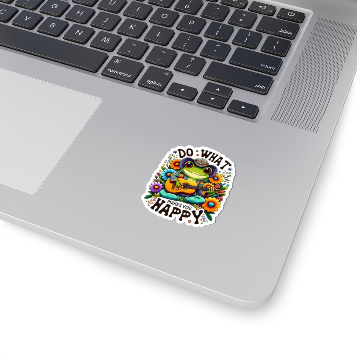 ColorFlow | Do What Makes You Happy Frog Sticker | Hippie Frog Playing Guitar Decal | Colorful Boho Vinyl Sticker for Laptops