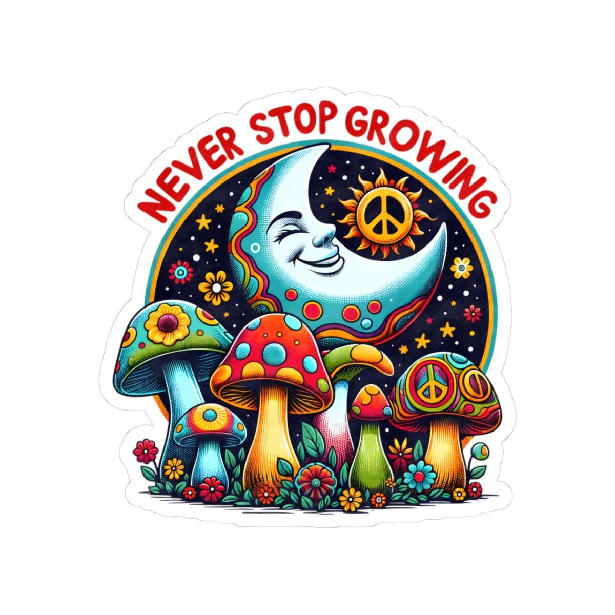ColorFlow | Never Stop Growing Psychedelic Mushroom Garden Retro Art Vinyl Sticker