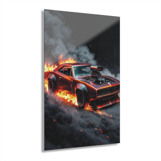 ColorFlow | Burning Muscle Car Metal Wall Art | Fire Charger Style Artwork | Hot Rod Decor | Car Lover Metal Art Print | Garage Decor