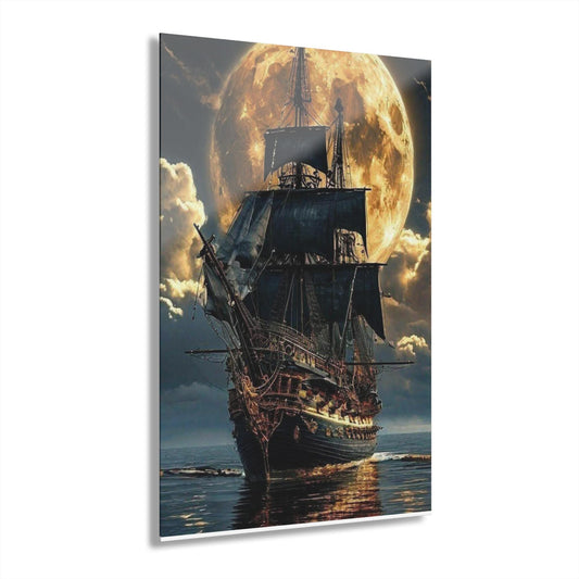 ColorFlow | Moonlight Pirate Ship Metal Art Print | Fantasy Ocean Artwork | Dark Sea Decor | Nautical Decor | Adventure Art