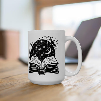 Celestial Spellbook Mug | Cosmic Moon Stars 15oz Ceramic Coffee Cup
