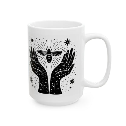 Celestial Moth Hands Ceramic Mug | Cosmic Spiritual Coffee Cup (15 oz)