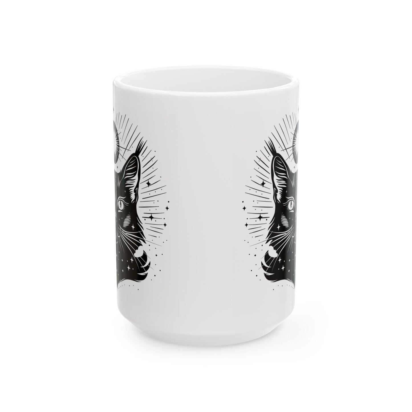Cosmic Cat Mug | Celestial Feline 15oz Ceramic Coffee Cup | Witchy Black Cat Art