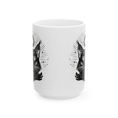 Cosmic Cat Mug | Celestial Feline 15oz Ceramic Coffee Cup | Witchy Black Cat Art