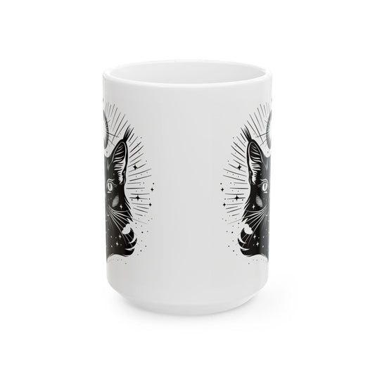 Cosmic Cat Mug | Celestial Feline 15oz Ceramic Coffee Cup | Witchy Black Cat Art