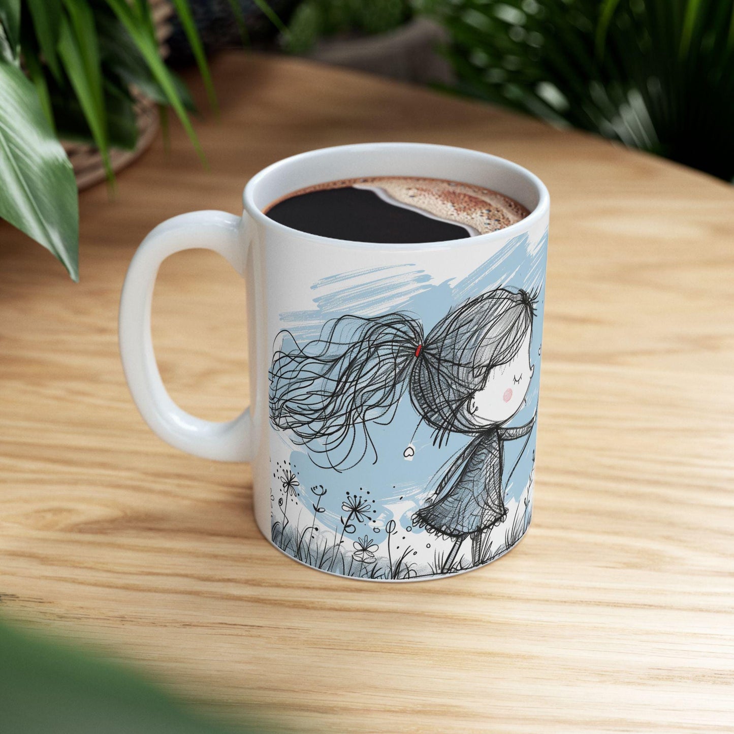 ColorFlow Ceramic Mug | Whimsical Girl Art, 15oz Coffee Cup