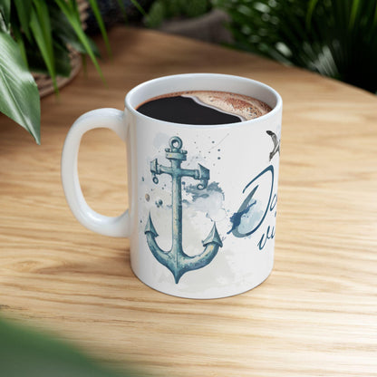 Ocean Vibes Watercolor Anchor Lighthouse Mug | Coastal Nautical Coffee Cup