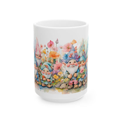 Garden Gnome Mug | Whimsical Floral Ceramic Coffee Cup | 15oz Capacity