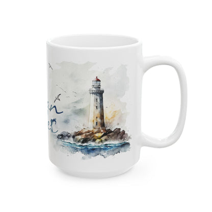 Ocean Vibes Watercolor Anchor Lighthouse Mug | Coastal Nautical Coffee Cup