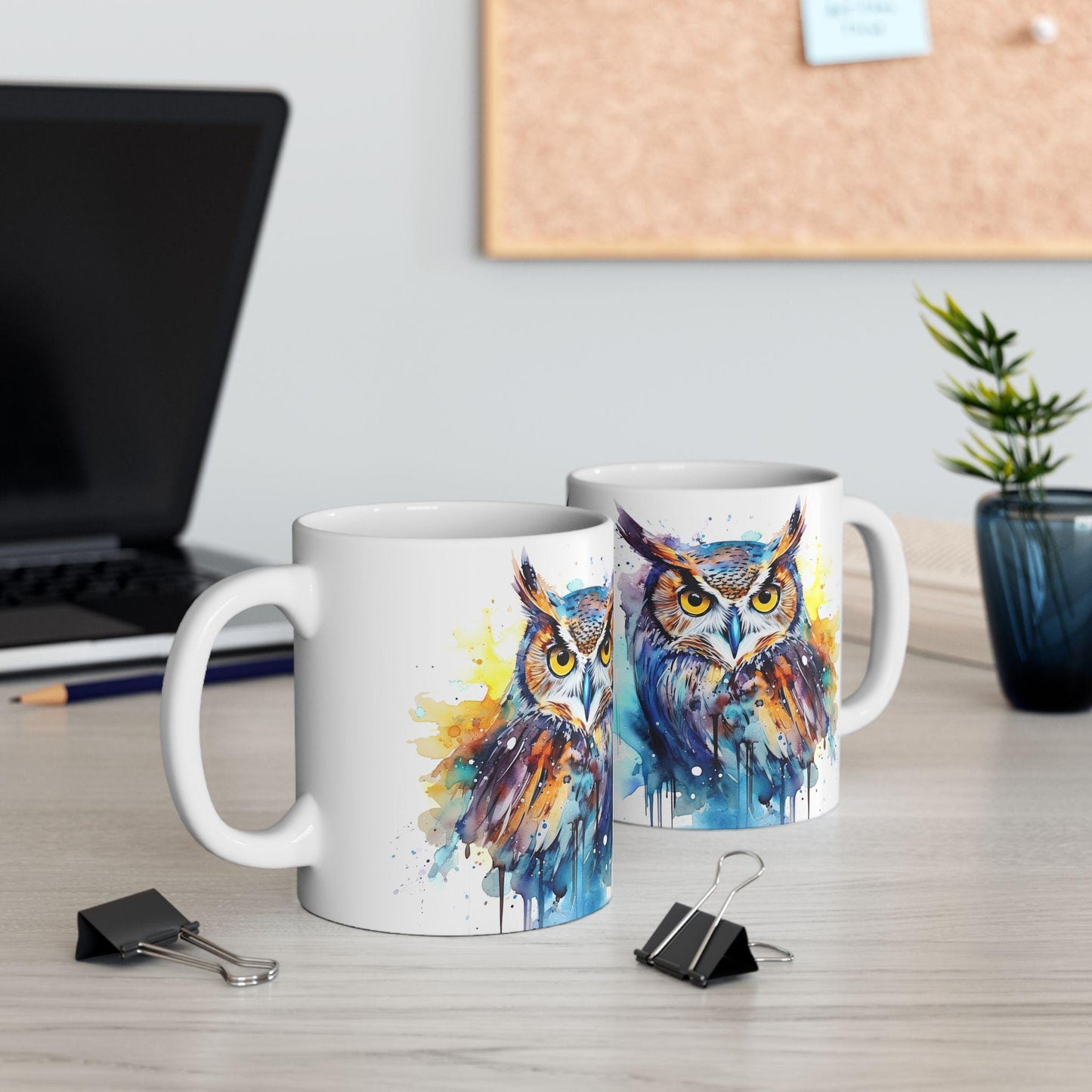 Watercolor Owl Mug | Vibrant Abstract Ceramic Coffee Cup (15 oz)