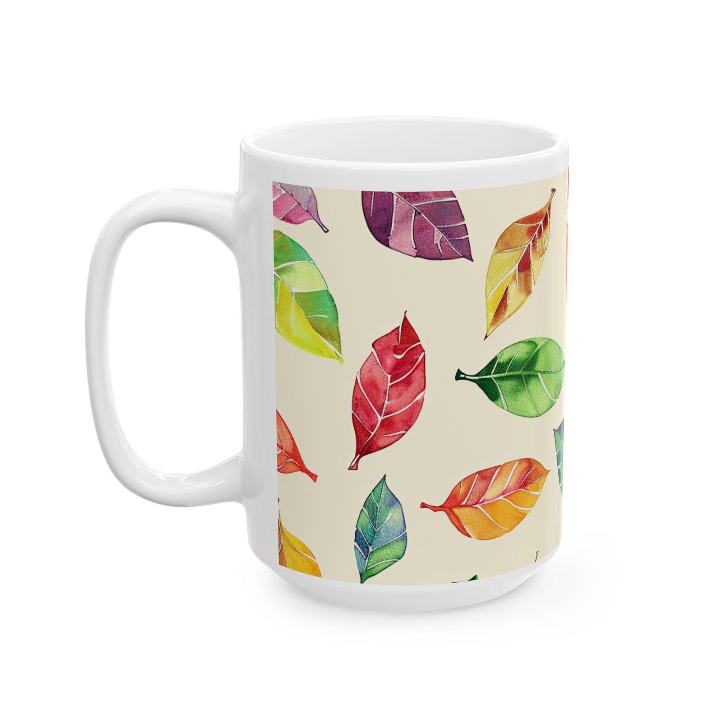 Watercolor Autumn Leaves Mug | 15oz Ceramic Coffee Cup (Seasonal Gift)