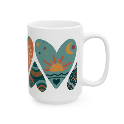 ColorFlow Boho Hearts Ceramic Mug | 15oz Abstract Art Coffee Cup