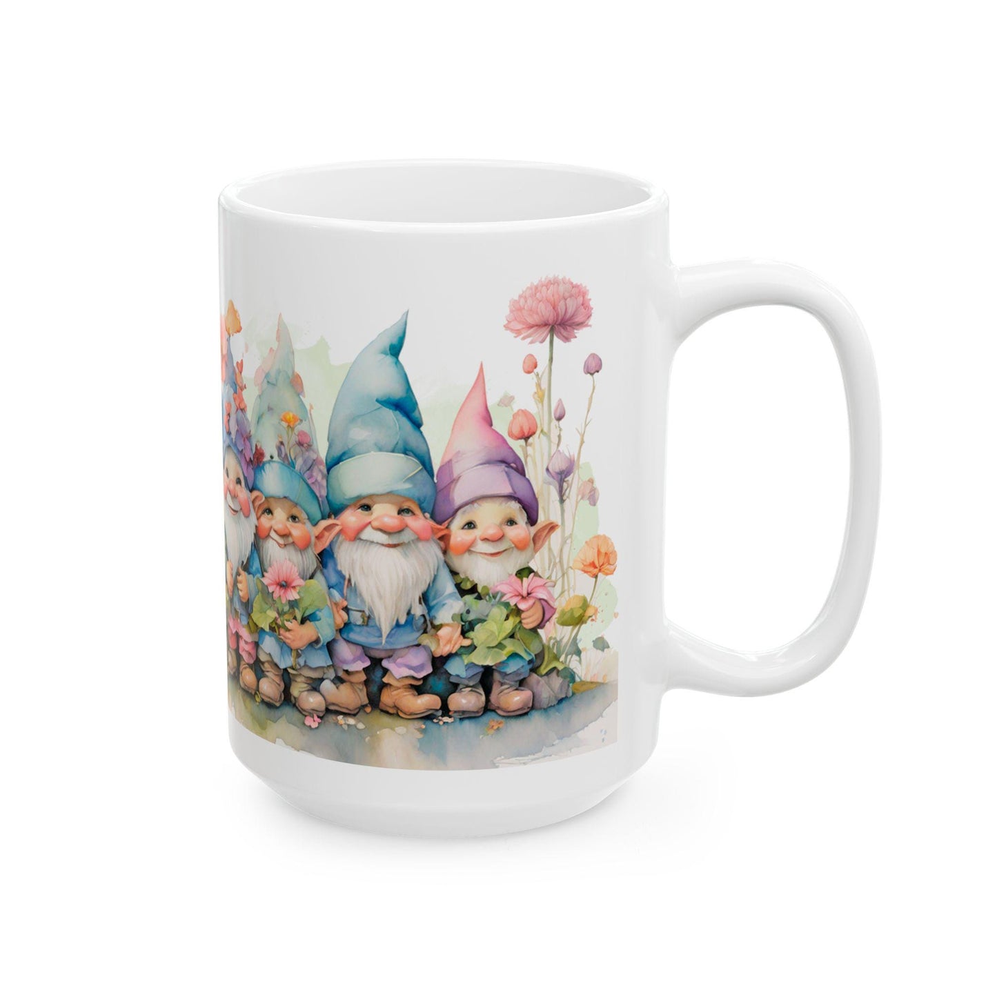 Garden Gnome Mug | Whimsical Floral Ceramic Coffee Cup | 15oz Capacity