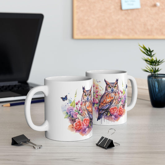 Serene Owl Floral Ceramic Mug | Artistic 15oz Coffee Cup for Nature Lovers