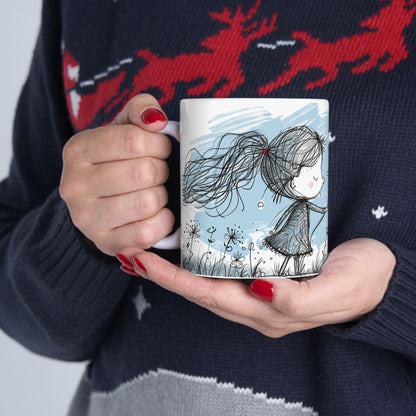 ColorFlow Ceramic Mug | Whimsical Girl Art, 15oz Coffee Cup