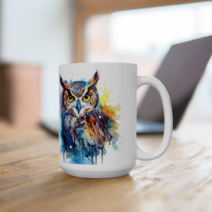 Watercolor Owl Mug | Vibrant Abstract Ceramic Coffee Cup (15 oz)