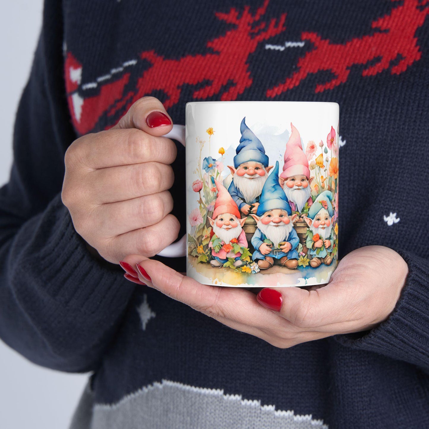 Garden Gnome Mug | Whimsical Floral Ceramic Coffee Cup | 15oz Capacity