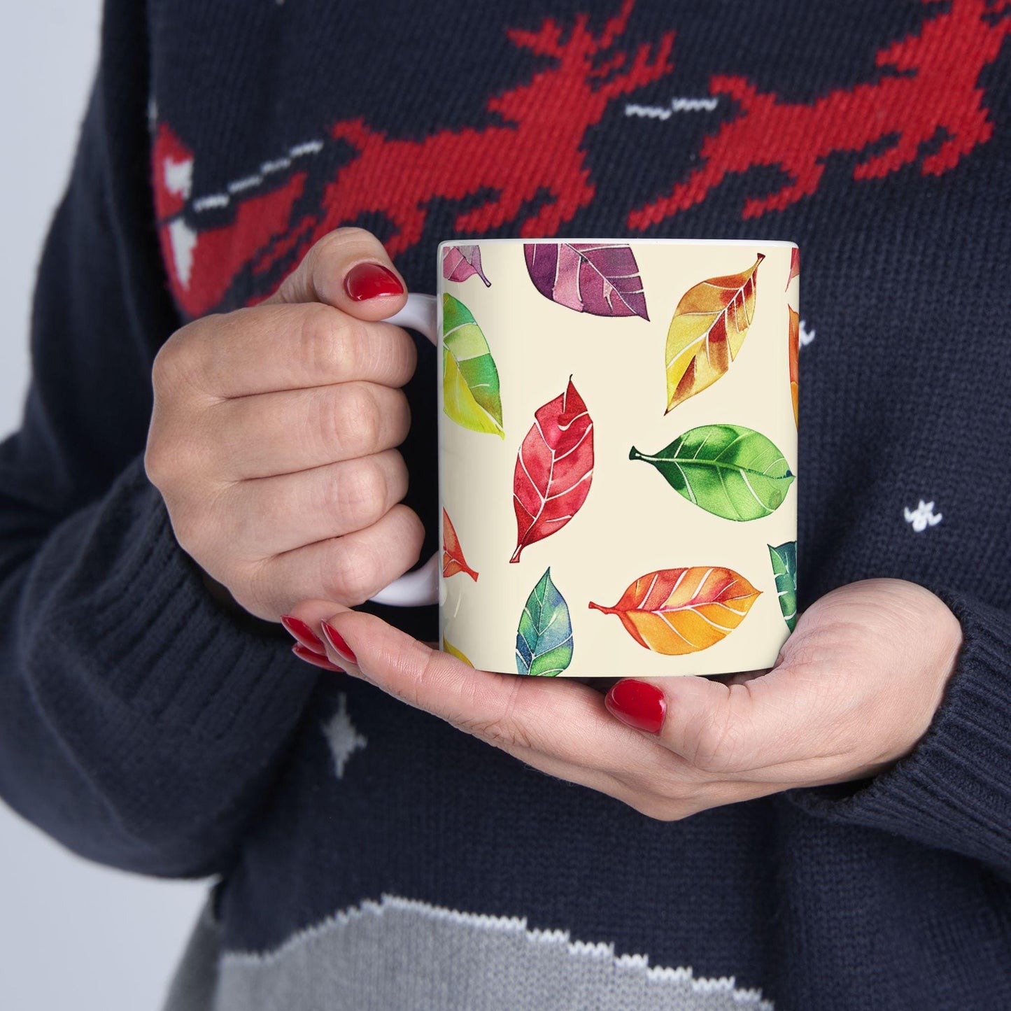 Watercolor Autumn Leaves Mug | 15oz Ceramic Coffee Cup (Seasonal Gift)