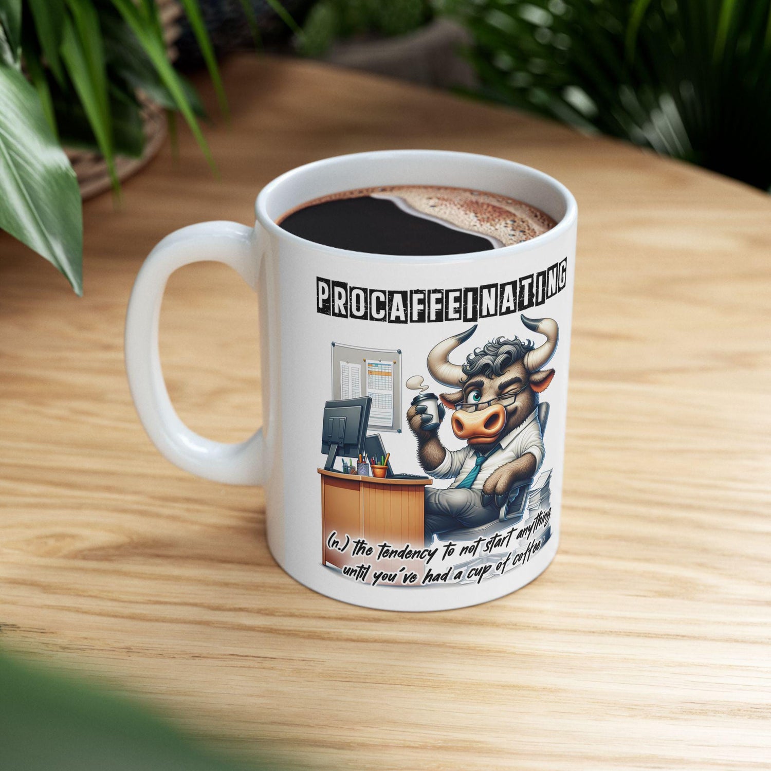 Procaffeinating Bull Coffee Mug | Funny Office Humor Cup (15 oz)
