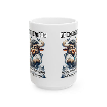 Procaffeinating Bull Coffee Mug | Funny Office Humor Cup (15 oz)