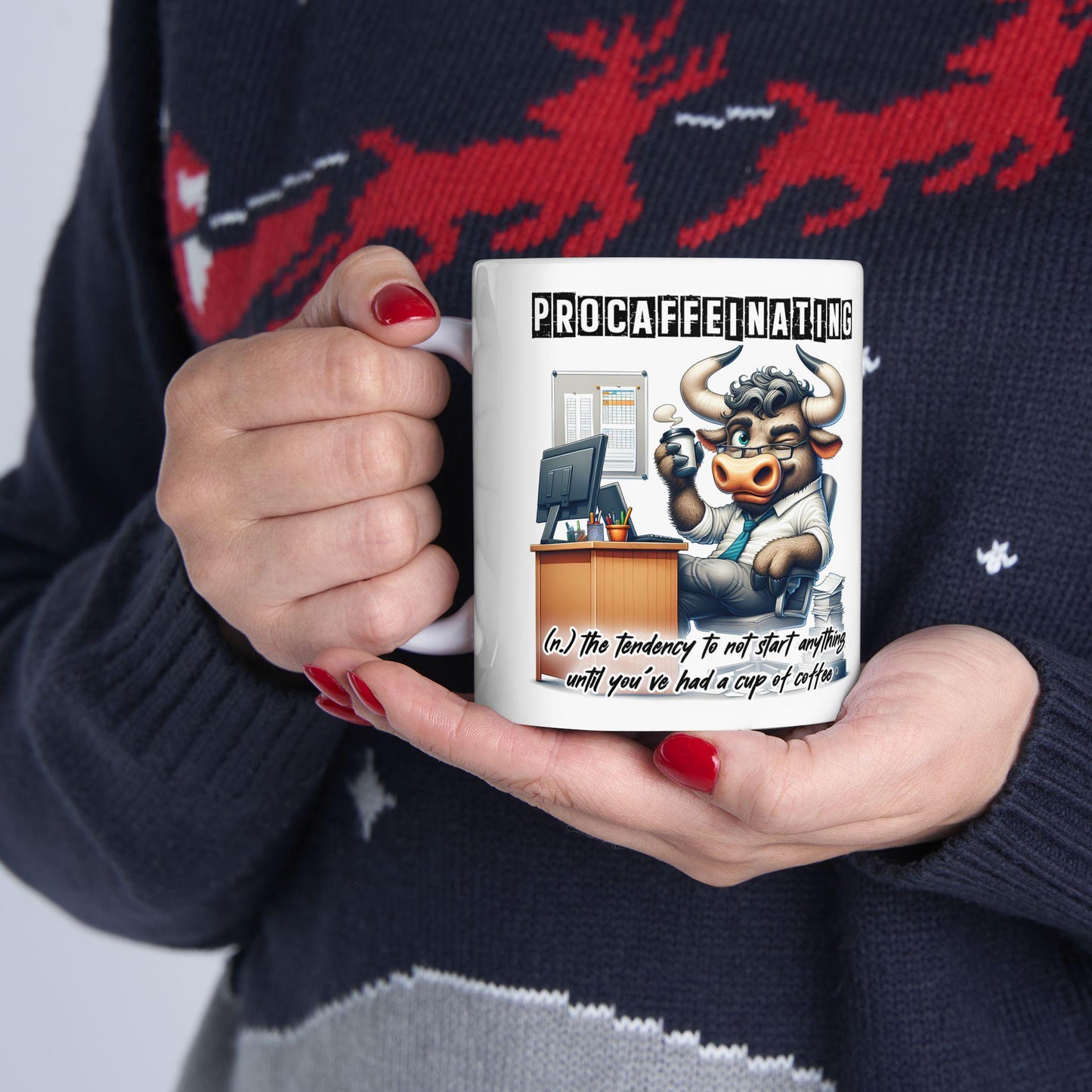 Procaffeinating Bull Coffee Mug | Funny Office Humor Cup (15 oz)