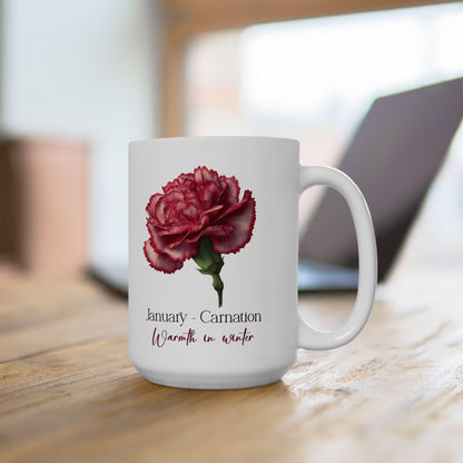 January Carnation Mug | Floral Winter Botanical 15oz Coffee Cup