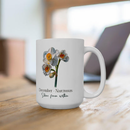 December Narcissus Floral Mug | 15oz Ceramic Coffee Cup | Winter Nature Drinkware