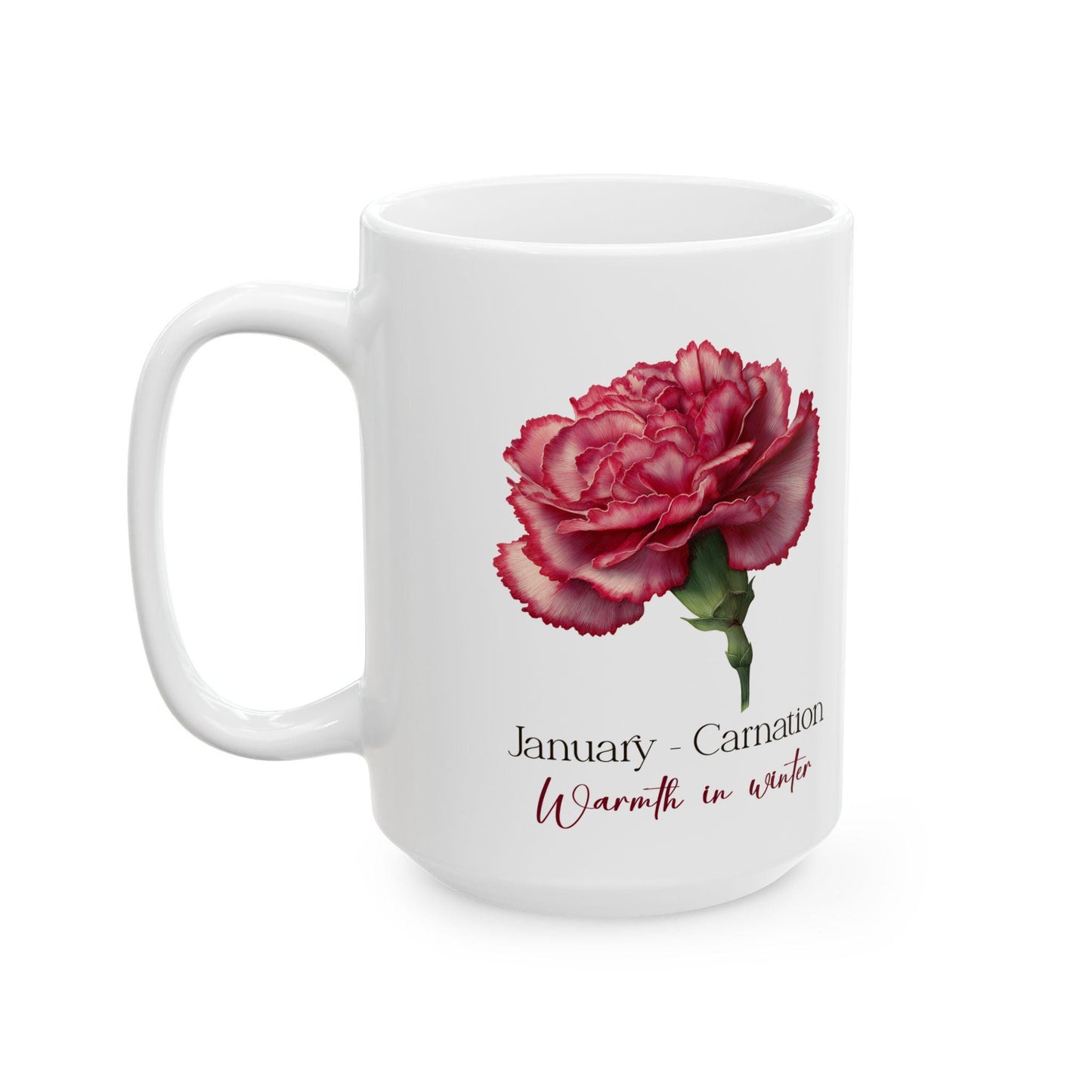 January Carnation Mug | Floral Winter Botanical 15oz Coffee Cup