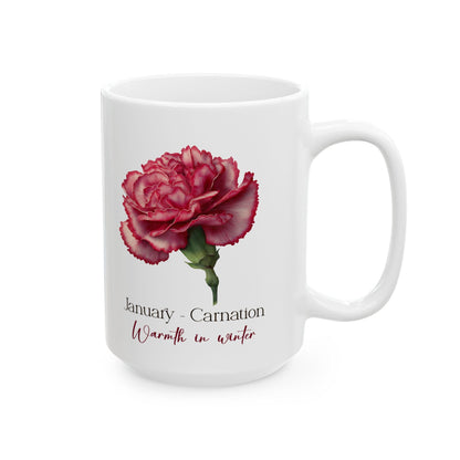 January Carnation Mug | Floral Winter Botanical 15oz Coffee Cup