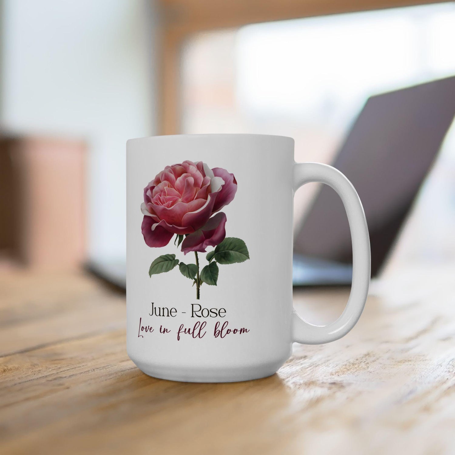 June Rose Floral Mug | 15oz Ceramic Coffee Cup (Birth Flower Gift)