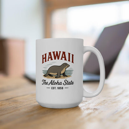 ColorFlow | Hawaii The Aloha State Mug | Hawaiian Monk Seal Coffee Cup | 15oz Ceramic Island Gift