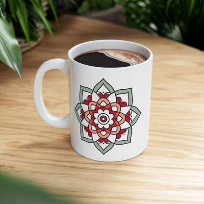 ColorFlow Mandala Ceramic Mug | 15oz Coffee Cup, Terracotta Mint Art
