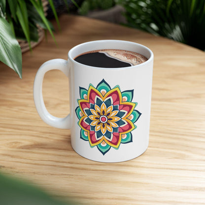 ColorFlow Mandala Ceramic Mug | 15oz Boho Coffee Cup, Vibrant Art (Dishwasher Safe)