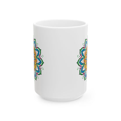 Golden Bloom Mandala Ceramic Mug | Colorful Boho Art Coffee Cup (15 oz)
