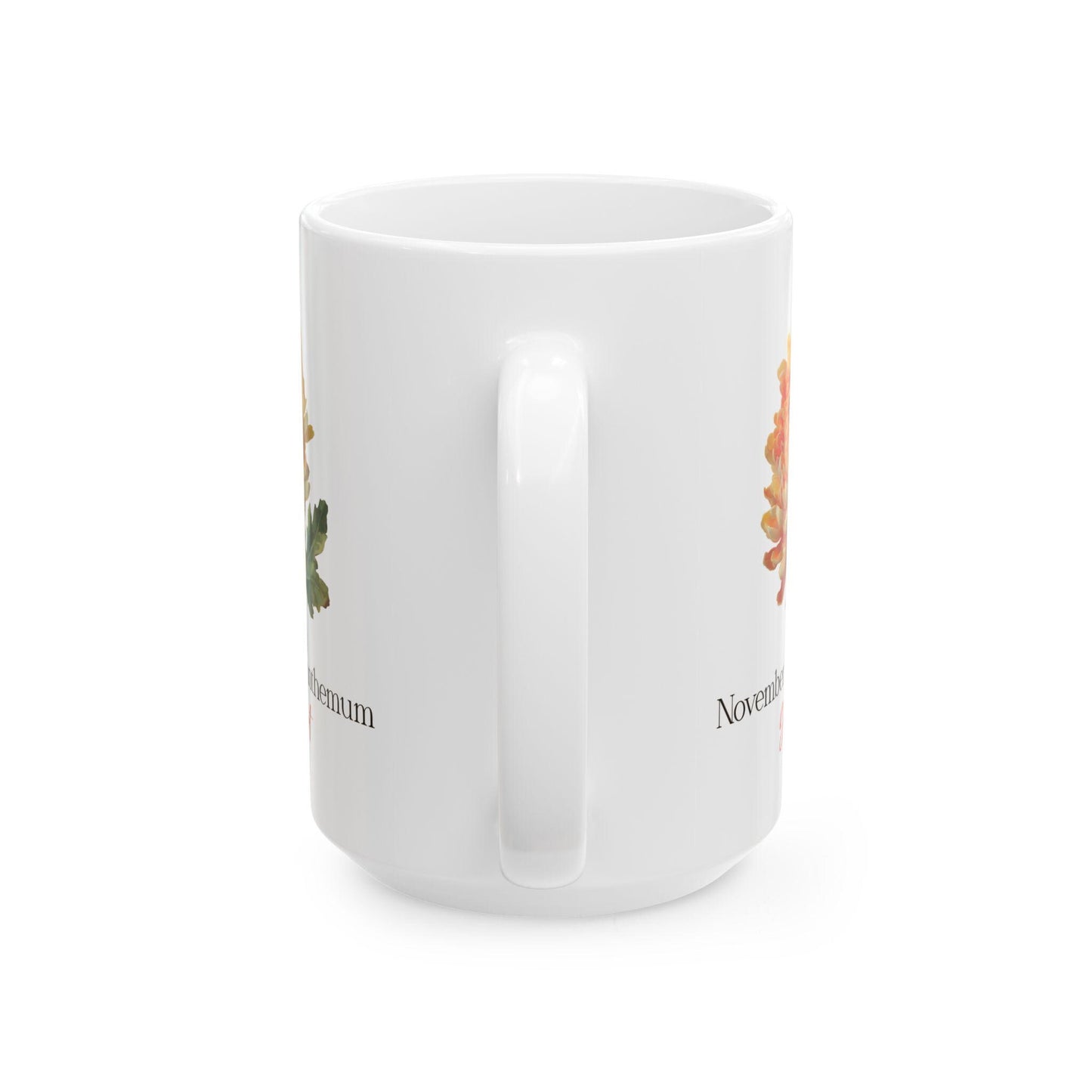 November Chrysanthemum Mug | Golden Heart Floral Coffee Cup | 15oz Ceramic Drinkware