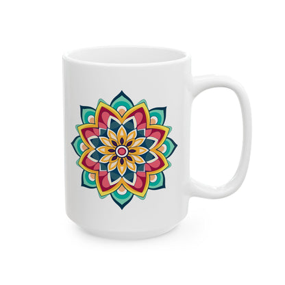 ColorFlow Mandala Ceramic Mug | 15oz Boho Coffee Cup, Vibrant Art (Dishwasher Safe)