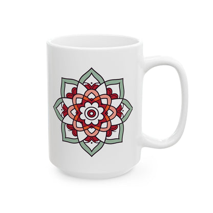 ColorFlow Mandala Ceramic Mug | 15oz Coffee Cup, Terracotta Mint Art