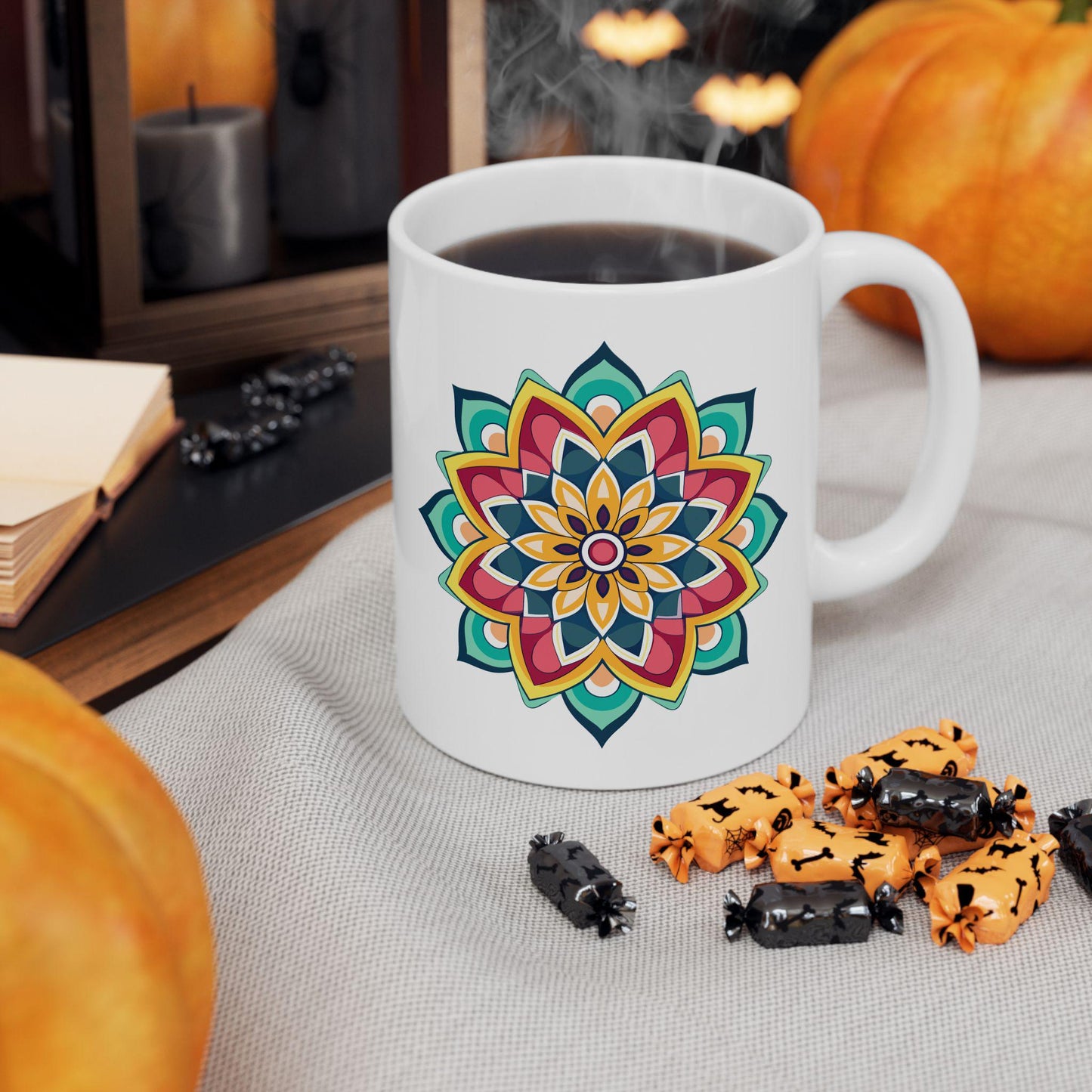 ColorFlow Mandala Ceramic Mug | 15oz Boho Coffee Cup, Vibrant Art (Dishwasher Safe)